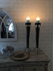 Set of beautiful standing metal castle torches with crown