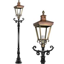 Outdoor lamp, lantern with ceramic fitting and glass, cast aluminium pole, green or black, with copper XL square shade, high 250 cm