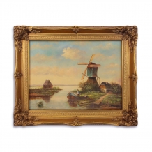 Olieverf schilderij in lijst, molen aan het water.