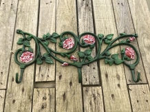 Wall coat rack, cast iron green with roses red, 3 sturdy hooks.