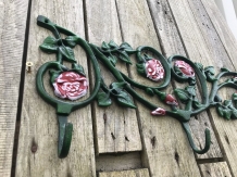 Wall coat rack, cast iron green with roses red, 3 sturdy hooks.