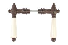 Antique iron door handle set, brown, white porcelain handles