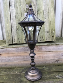 Beautiful ornate storm lantern, metal, brass, bronze look with glass, very beautiful!!