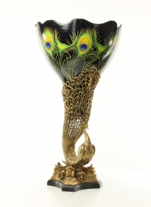 A bronze mounted porcelain peacock vase