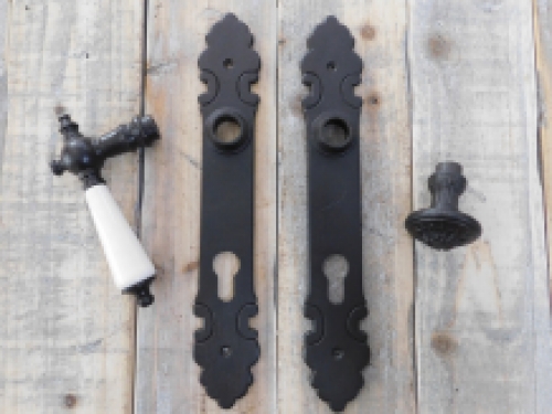 Set of door hardware PZ 92 - antique iron - front door - doorknob and latch with long plates