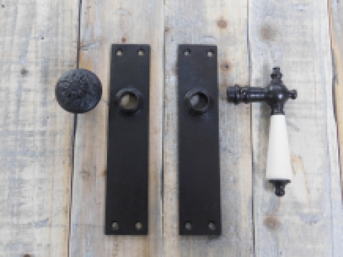 Set of door hardware - antique iron - knob and lock with door plates - front door