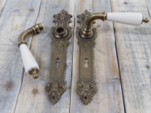 Set of door handles with long plates PZ 72 - patinated brass - handles made of porcelain