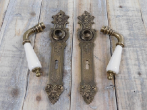 Set of door handles with long plates PZ 72 - patinated brass - handles made of porcelain