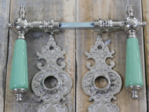 Set of door hardware - polished nickel - with pastel green porcelain handles