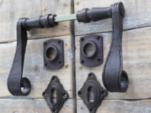 Beautiful hand-forged door set, wrought iron robust design, chamber door hardware., dark brown