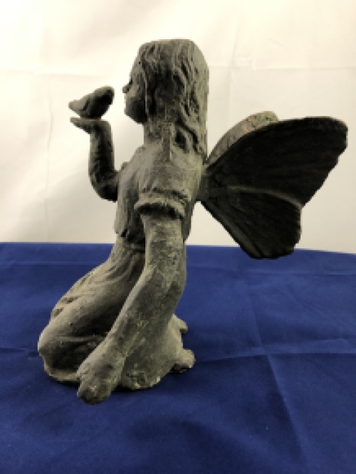 Cast iron kneeling angel with bird, heavy version, green finish