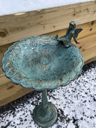 1 birdbath with sitting angel + dove, cast iron, antique green-rust-gold