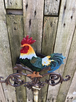 1 water hose holder rooster, cast iron with brass tap in color, beautiful.