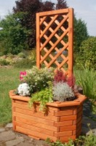 Blumenkasten, Pflanzgefäß, aus Massivholz mit schön gearbeiteter Pergola