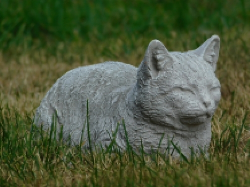 Beeld liggende kat - volledig van steen - tuinbeeld