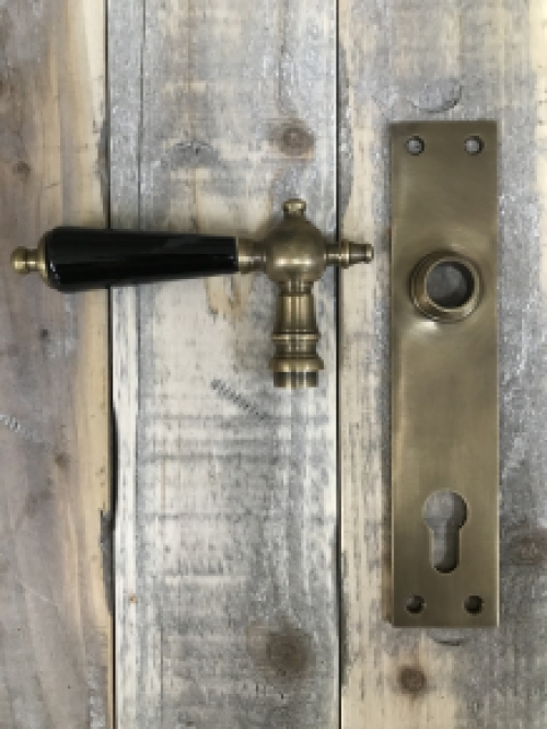 Set of door hardware - patinated brass - door plates and handles with ceramic handles