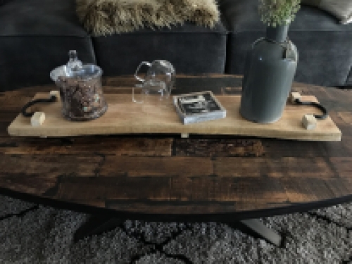 Rustic cutting board, kitchen shelf made of solid wood, tray with metal handles