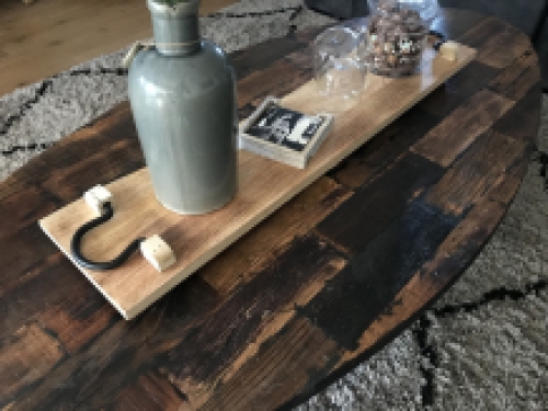 Rustic cutting board, kitchen shelf made of solid wood, tray with metal handles