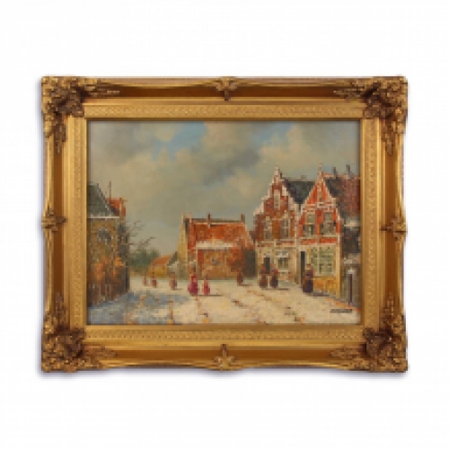 Olieverf schilderij in lijst, oud winters stadsgezicht.