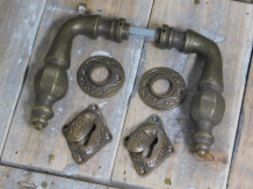 Set of door hardware Kanone - antique brass - handles, rosettes and mandrel