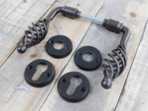 Set of door hardware antique iron - 2 handles , 2 lock rosettes , 2 latch rosettes - PZ for cylinder lock