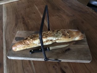 Cutting board with wrought iron bracket, Kitchen board, breakfast board, Sausage board wooden bread board .