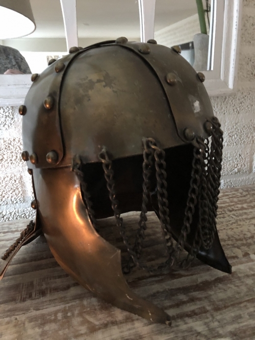 Knight's helmet copper-green, with ear protectors, old condition!