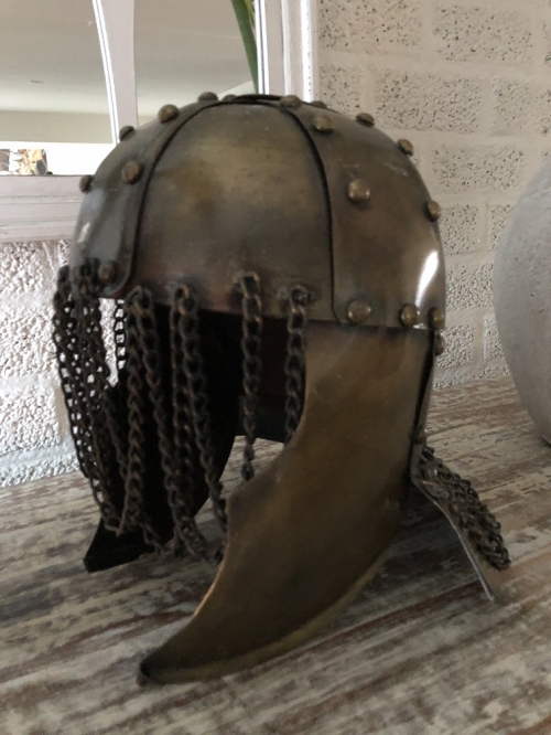 Knight's helmet copper-green, with ear protectors, old condition!