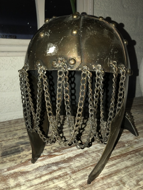 Knight's helmet copper-green, with ear protectors, old condition!