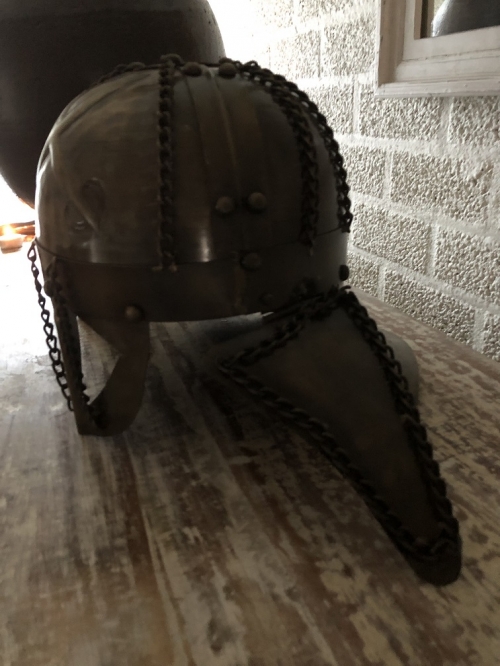 Knight's helmet copper-green, with folding ear protectors, old condition!