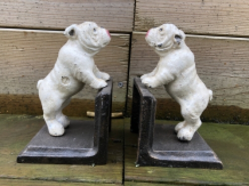 Cast iron bookend set with lacquered bull terrier dogs.