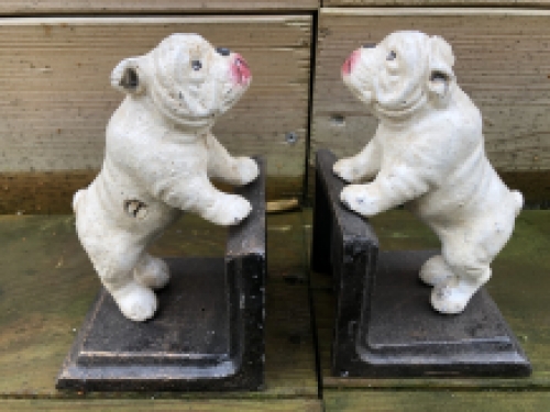 Cast iron bookend set with lacquered bull terrier dogs.