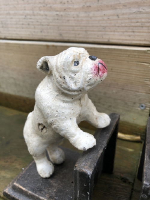 Cast iron bookend set with lacquered bull terrier dogs.