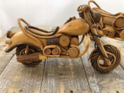 Set of handmade wooden motorcycles, lowriders.