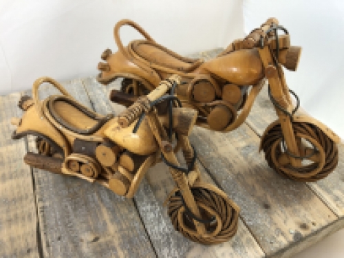 Set of handmade wooden motorcycles, lowriders.