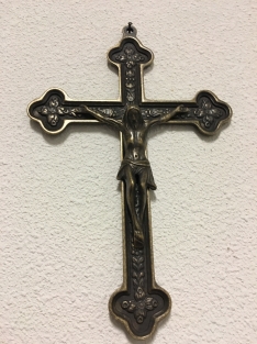 Jesus on the cross, patinated brass INRI.