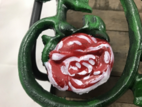 Wall coat rack, cast iron green with roses red, 3 sturdy hooks.