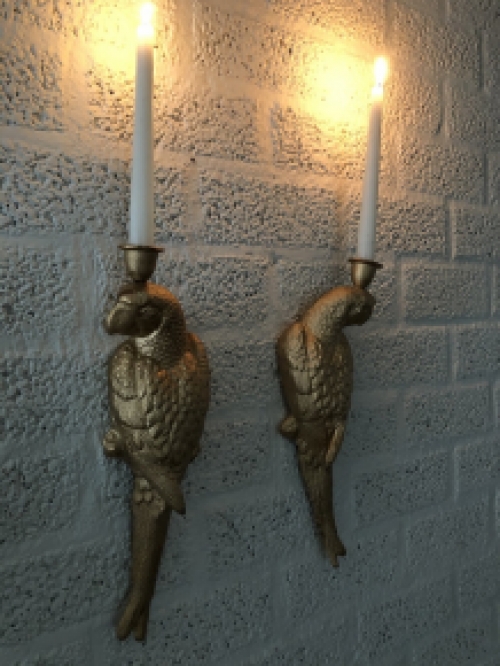 Set of cast iron parrots in gold color as wall candlesticks, beautiful and special!!