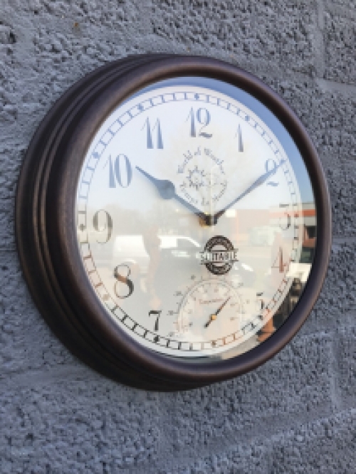 Station clock outdoor clock with thermometer, metal look.