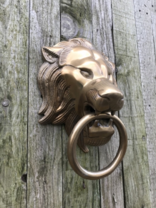 A lion's head, made of aluminum in a brass color, as a door knocker