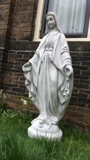 Large Marian garden statue, solid cast stone, beautifully detailed statue.