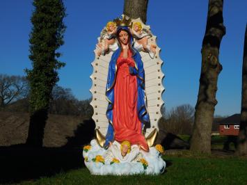 Wunderschöne Maria-Statue mit Engeln und Rückenplatte, vollfarbiger Polystone