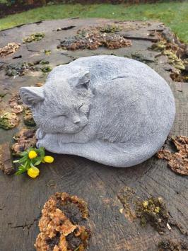 garden statue cat, curled up cat
