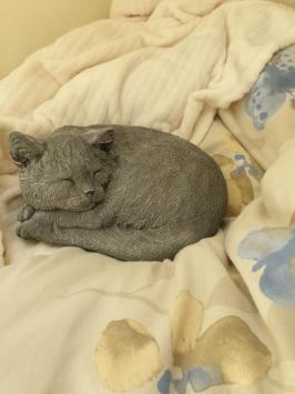 garden statue cat, curled up cat
