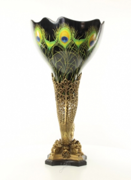 A bronze mounted porcelain peacock vase