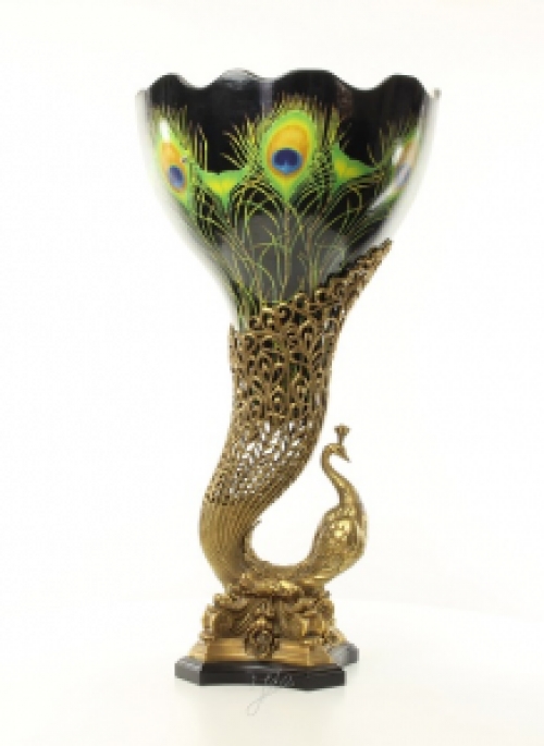 A bronze mounted porcelain peacock vase