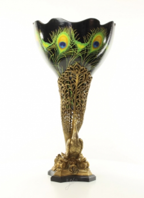 A bronze mounted porcelain peacock vase