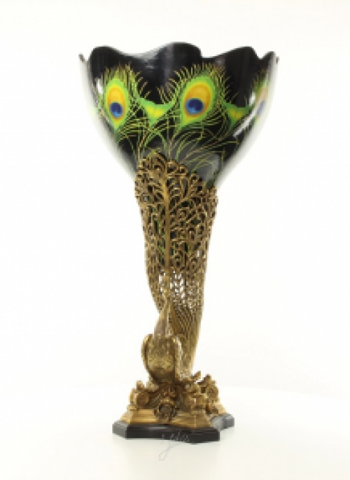 A bronze mounted porcelain peacock vase