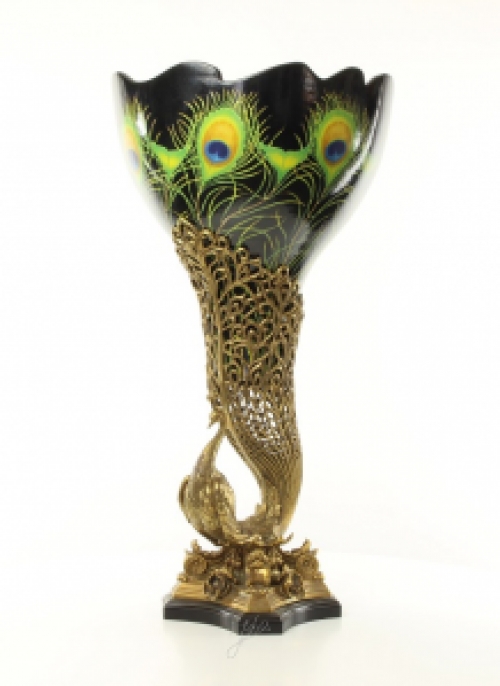 A bronze mounted porcelain peacock vase