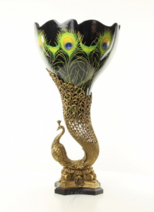 A bronze mounted porcelain peacock vase